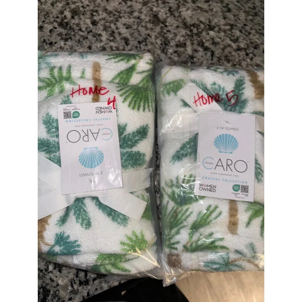 Caro Home Coastal Collection Palm Tree Tip Towels Set of 4 White Green‎ New